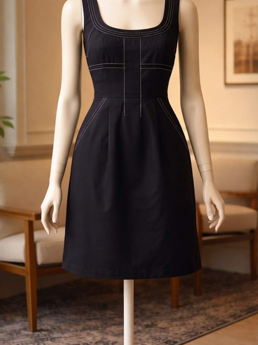 Tory Burch Black Scoop-Neck Mini Dress with Contrast Stitching